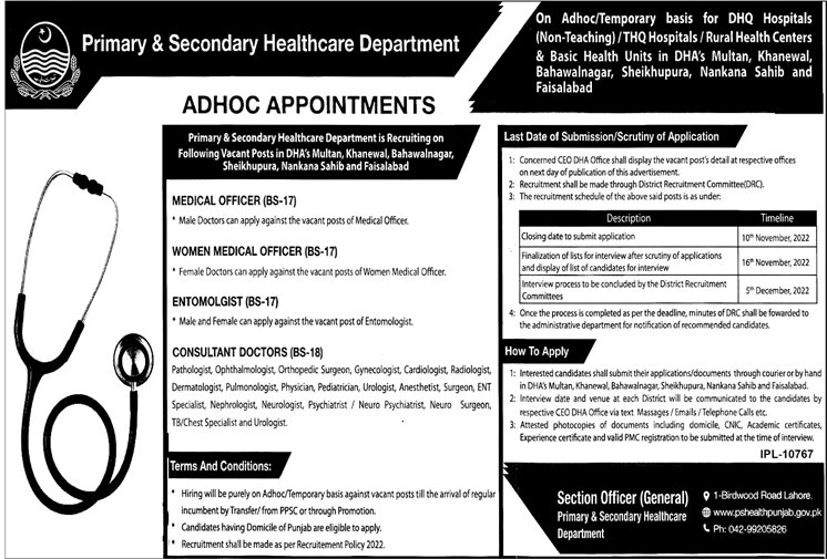 Primary and Secondary Healthcare Department Punjab Jobs October 2022 Medical Officers, Consultants & Entomologist Latest
