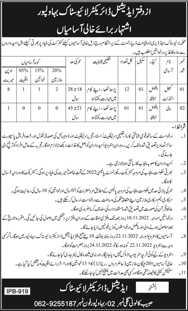 Livestock Department Bahawalpur Jobs 2022 October / November Cattle Attendants & Mali Latest