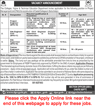 Colleges Higher and Technical Education Department Balochistan Jobs 2022 November Apply Online Latest