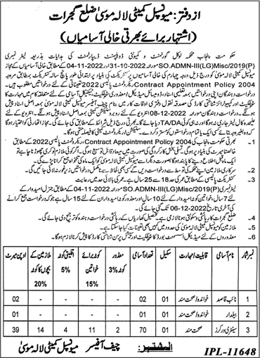 Municipal Committee Lalamusa Jobs 2022 November Sanitary Workers, Naib Qasid & Baildar Latest