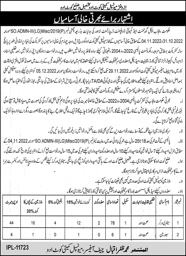 Municipal Committee Kot Addu Jobs 2022 November Sanitary Workers & Sewerman Latest