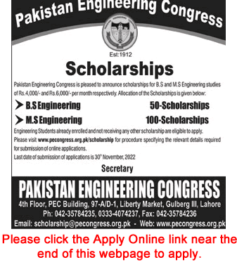 Pakistan Engineering Congress Scholarships 2022 November PEC Online Apply for BS & MS Students Latest