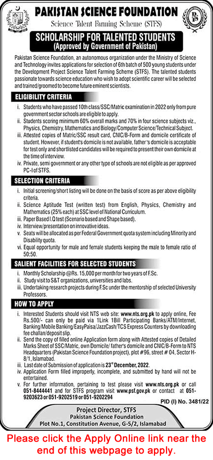 Pakistan Science Foundation Scholarships 2022 December NTS Apply Online Science Talent Farming Scheme STFS Latest