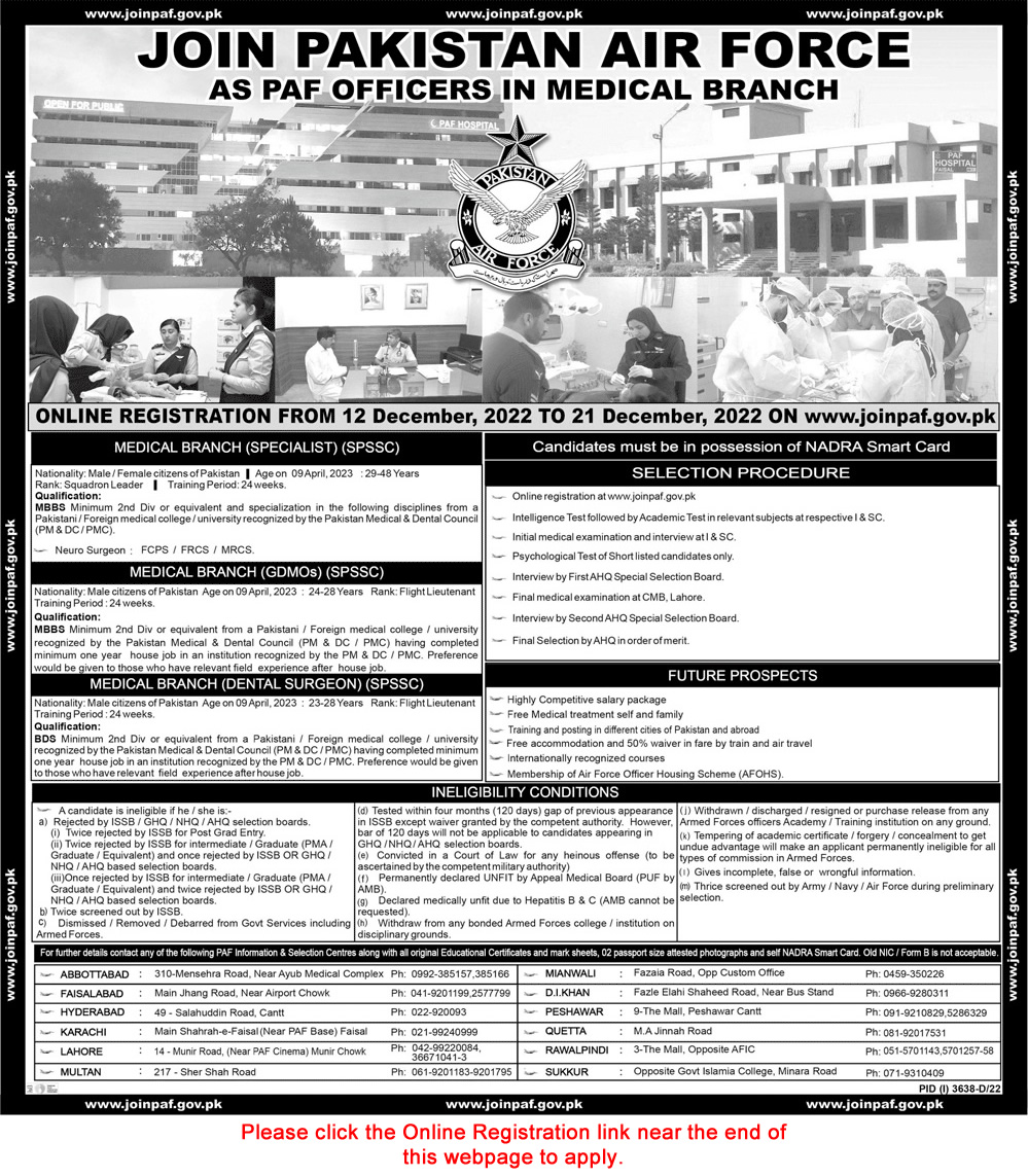 Join Pakistan Air Force as PAF Officer 2022 December in Medical Branch Online Registration SPSSC Latest