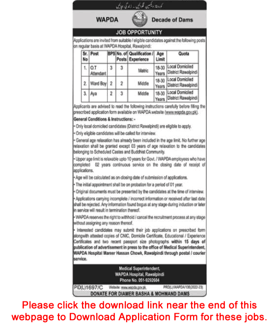 WAPDA Hospital Rawalpindi Jobs December 2022 Application Form OT Attendants, Ward Boys & Aya Latest