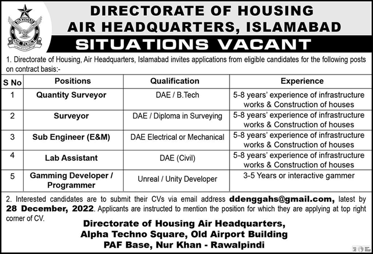Directorate of Housing Air Headquarters Islamabad Jobs December 2022 / 2023 Lab Assistant, Sub Engineers & Others Latest
