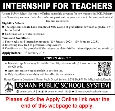 Usman Public School System Karachi Internship Program 2022 December 2023 Apply Online for Teachers Latest