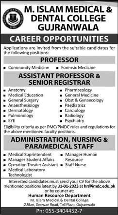 M Islam Medical & Dental College Gujranwala Jobs 2023 Teaching Faculty & Others Latest