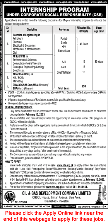 OGDCL Internship Program 2023 NTS Apply Online under Corporate Social Responsibility CSR Latest