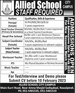 Allied School City Campus Rawalpindi Jobs 2023 Teachers & Others Latest