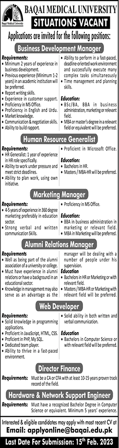 Baqai Medical University Karachi Jobs 2023 Web Developer, Marketing Manager & Others Latest