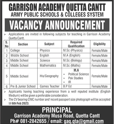 Garrison Academy Quetta Cantt Jobs 2023 Teachers APS&C Latest