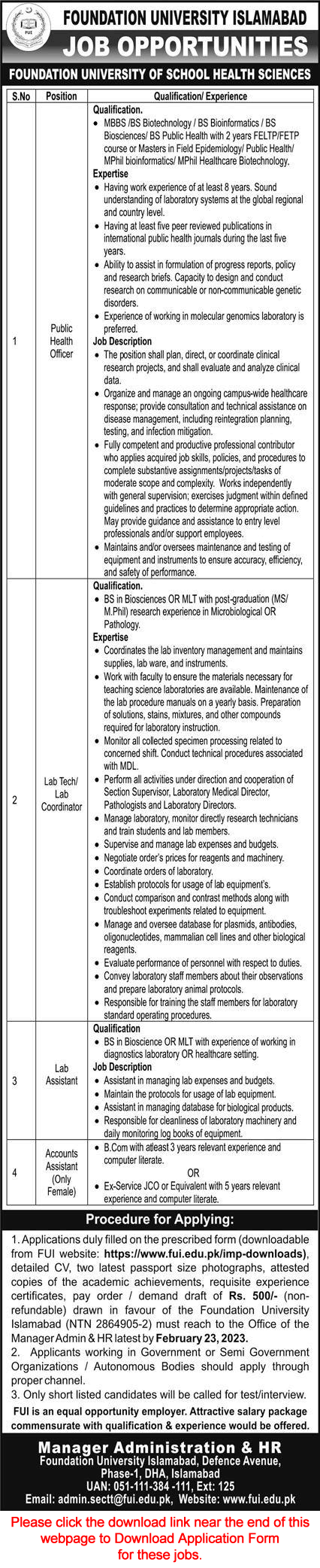 Foundation University Islamabad Jobs 2023 February Application Form Lab / Accounts Assistants & Others Latest