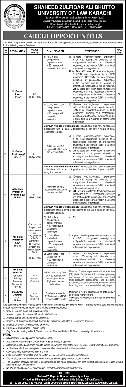 Shaheed Zulfiqar Ali Bhutto University of Law Karachi Jobs 2023 February Latest