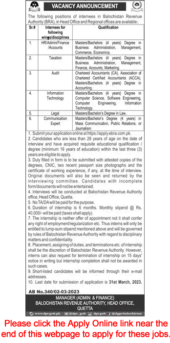 Revenue Department Balochistan Jobs 2023 March Internees Apply Online Latest