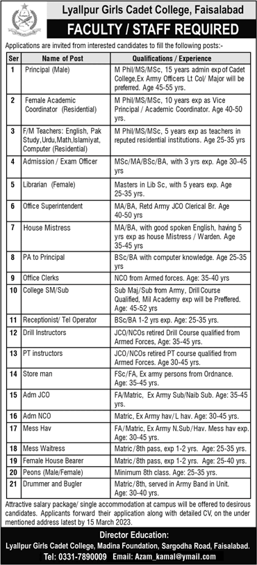 Lyallpur Girls Cadet College Faisalabad Jobs 2023 March Female Teachers & Others Latest