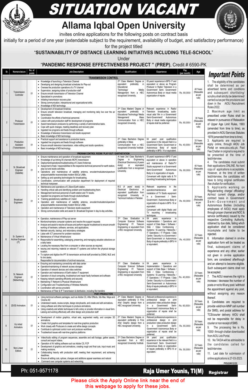 AIOU Jobs March 2023 Apply Online Broadcast Engineers, Production Assistant & Others Latest