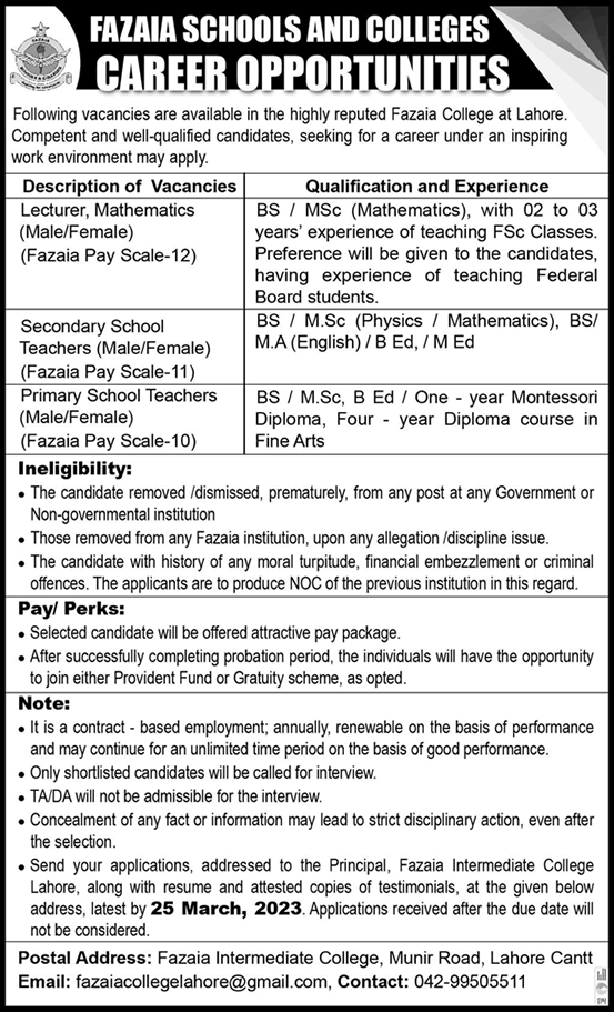 Fazaia Inter College Lahore Jobs March 2023 Lecturers & Teachers Latest
