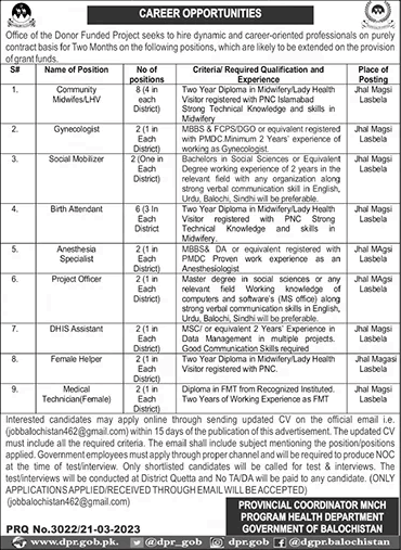 Health Department Balochistan Jobs March 2023 Community Midwifes, LHV & Others MNCH Program Latest