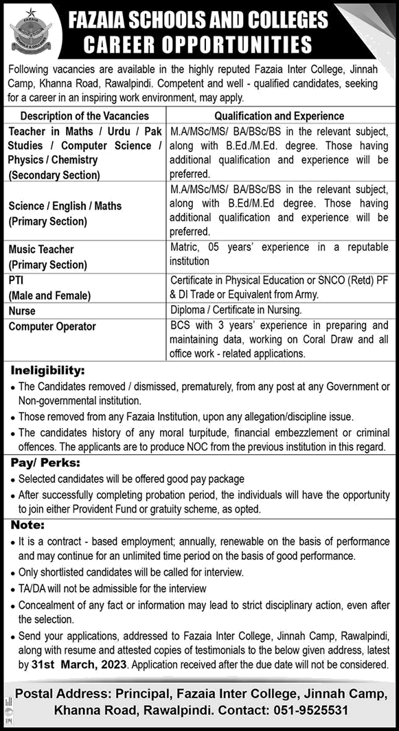 Fazaia Inter College Rawalpindi Jobs March 2023 Teachers & Others Jinnah Campus Latest