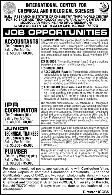 ICCBS University of Karachi Jobs 2023 April Accountants, Technical Trainees & Others Latest