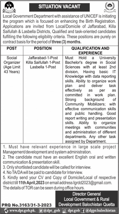 Social Organizer Jobs in Local Government and Rural Development Department Balochistan 2023 April Latest