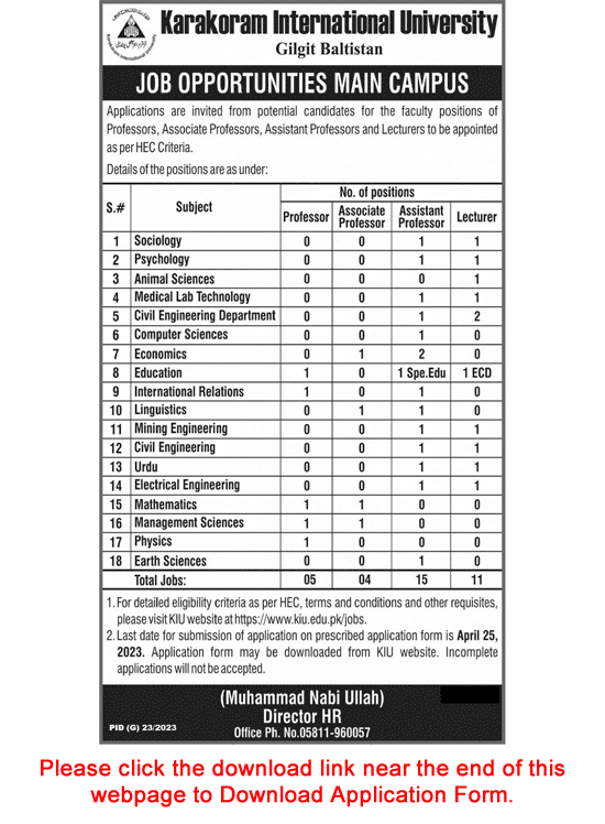 Karakoram International University Gilgit Baltistan Jobs 2023 April Application Form Teaching Faculty Latest