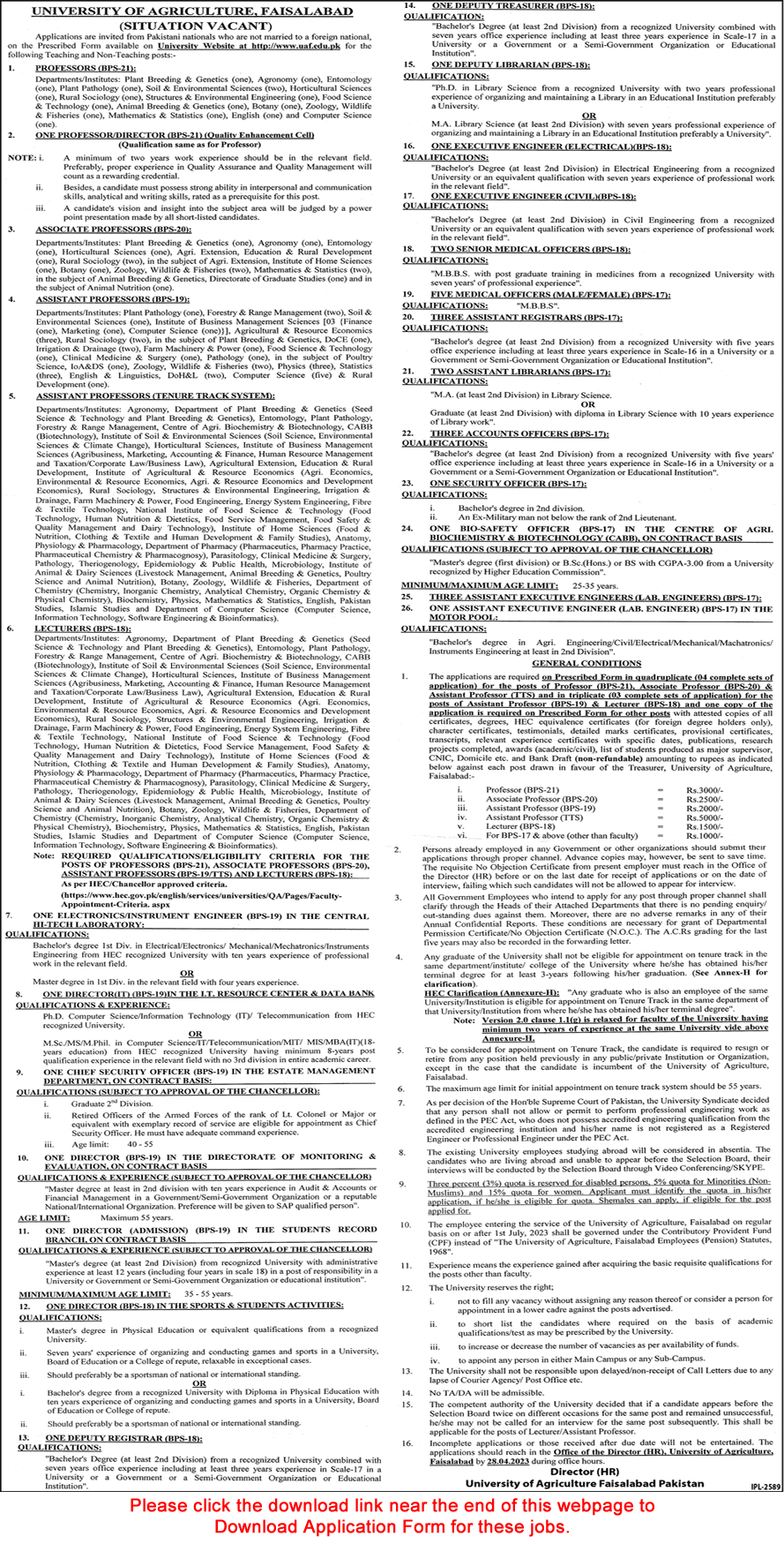 University of Agriculture Faisalabad Jobs April 2023 Application Form Teaching Faculty & Others Latest