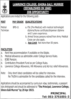Medical Technician Jobs in Lawrence College Murree 2023 April Latest