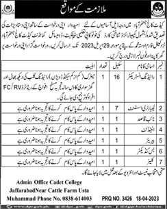 Cadet College Jaffarabad Jobs 2023 April Lab Assistant, Naib Qasid & Others Latest