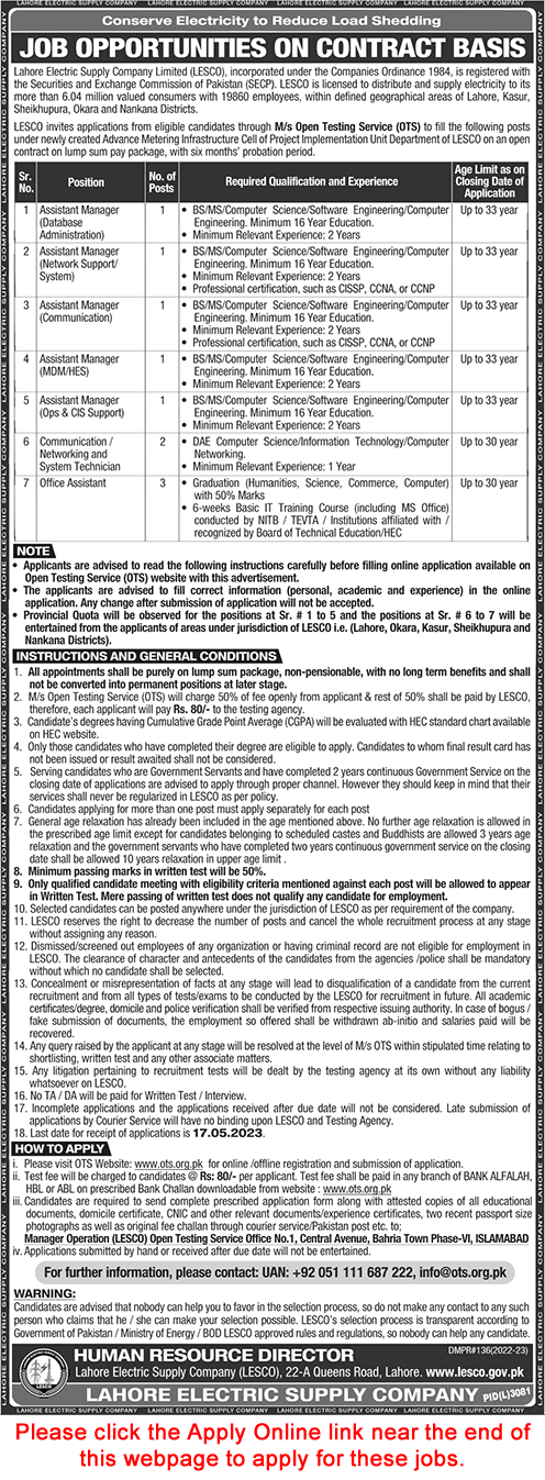 LESCO Jobs April 2023 May WAPDA OTS Apply Online Office Assistants & Others Latest