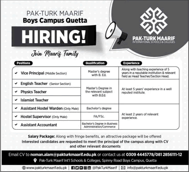 Pak Turk Maarif Boys Campus Quetta Jobs 2023 April / May Teachers & Others Latest