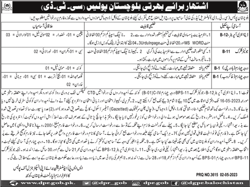 Balochistan Police Jobs May 2023 CTD Counter Terrorism Department Latest