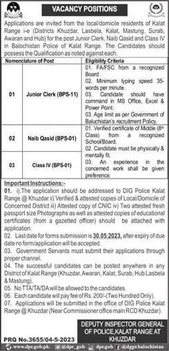 Balochistan Police Jobs 2023 May Kalat Range Khuzdar Clerks, Naib Qasid & Class IV Latest