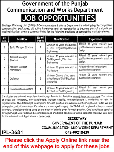 Communication and Works Department Punjab Jobs May 2023 Apply Online Assistant Managers & Others Latest