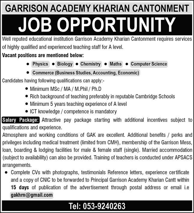 Teaching Jobs in Garrison Academy Kharian Cantt 2023 May / June Latest