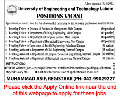Teaching Fellow / Assistant Jobs in UET Lahore 2023 June Apply Online Latest