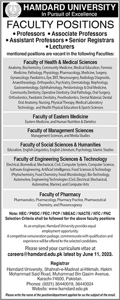 Teaching Faculty Jobs in Hamdard University Karachi June 2023 Latest
