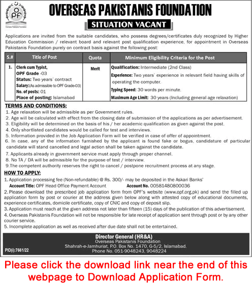 Clerk / Typist Jobs in Overseas Pakistanis Foundation 2023 June Application Form OPF Latest