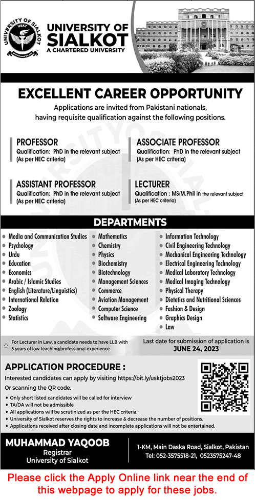 Teaching Faculty Jobs in University of Sialkot 2023 June Apply Online Latest