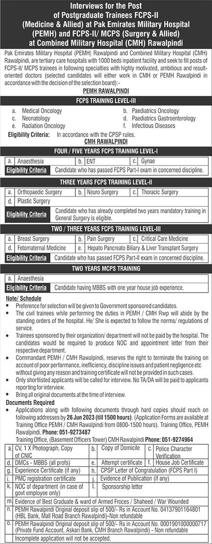 CMH Rawalpindi FCPS / MCPS Postgraduate Training 2023 June Combined Military Hospital Latest