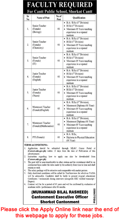 Cantt Public School Shorkot Jobs 2023 June / July Apply Online Teachers & PTI Latest