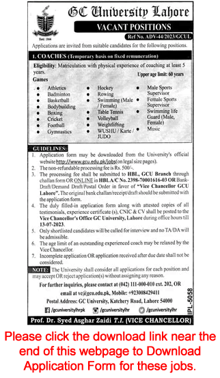 Coach Jobs in GC University Lahore June 2023 July Application Form GCU Latest