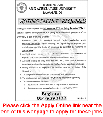 Visiting Faculty Jobs in Arid Agriculture University Rawalpindi July 2023 Apply Online AAUR Latest