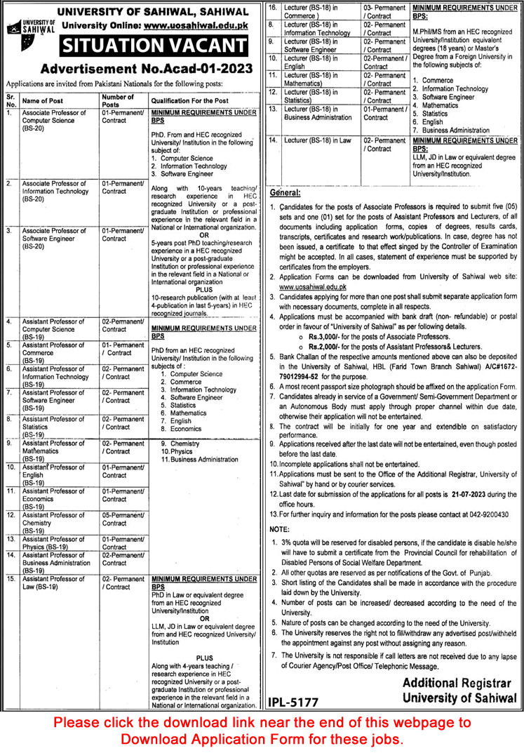 University of Sahiwal Jobs July 2023 Application Form Teaching Faculty Latest