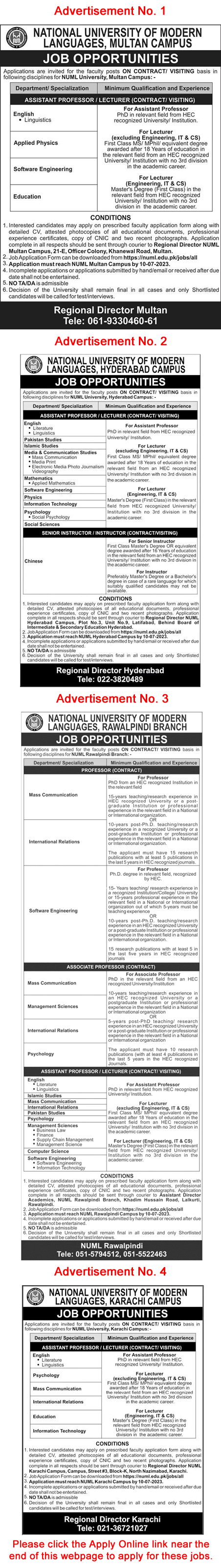 Teaching Faculty Jobs in NUML University July 2023 Apply Online Latest