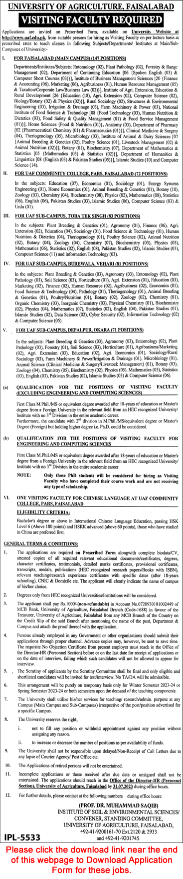 Visiting Faculty Jobs in University of Agriculture Faisalabad July 2023 UAF Application Form Latest