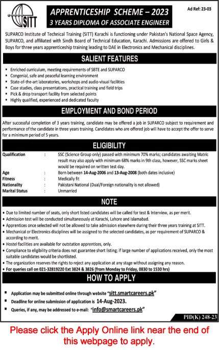 SUPARCO Apprenticeship 2023 July Training Scheme SITT Apply Online DAE Jobs Latest