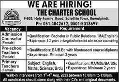 The Charter School Rawalpindi Jobs 2023 July / August Teachers & Admission Counselor Walk in Interview Latest