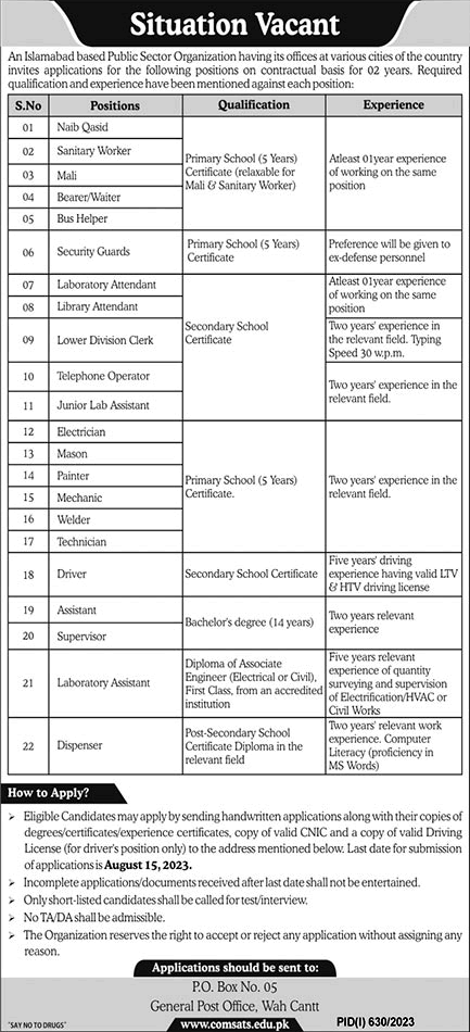 COMSATS University Jobs August 2023 Lab Assistants, Naib Qasid & Others PO Box 05 Wah Cantt Latest